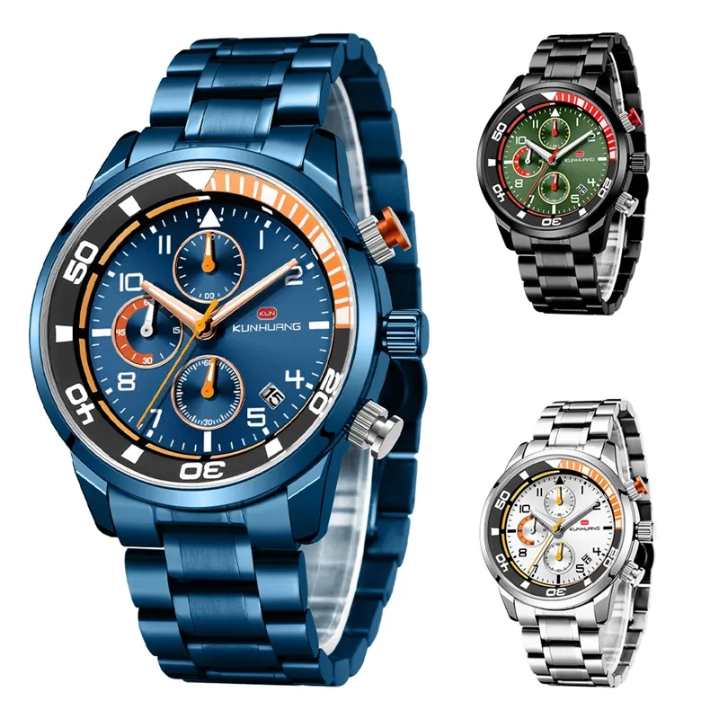 KUNHUANG Men's Business Dress Watches Stainless Steel Luxury Waterproof Chronograph Quartz Wrist Watch Man Silver 1011