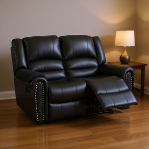 Sofá Reclinable Manual de Dos Plazas en Cuero Sintético Negro con Cojín de Reposabrazos, Mueble para Sala de Estar - Product Image 2