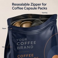 Sachet à fond plat personnalisé imprimé avec fermeture éclair pour capsules de café, dosettes de café individuelles et emballage de marque privée
