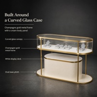 Vitrine d'îlot incurvée ovale pour bijoux, avec garniture en métal doré, dessus en verre, base de rangement laquée crème, unités de comptoir autoportantes