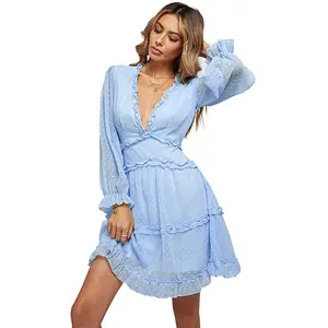 2022 Summer Long sleeve ruffle chiffon floral summer skater women Casual bohemian dresses