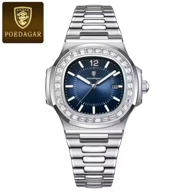 POEDAGAR 918 Men's Watches Luxury Stainless Steel Diamond Dial Quartz Watch for Men Waterproof Luminous Date Square Wristwatch