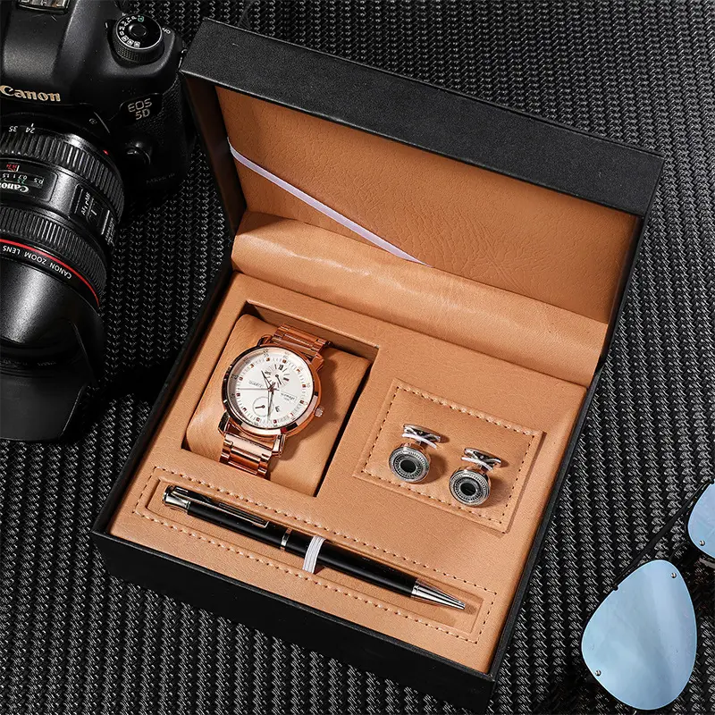 Relógio masculino de negócios, conjunto de 3 peças de relógio masculino fecho de liga de quartzo da moda com abotoaduras + caneta