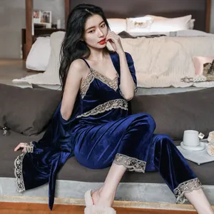 pajamas set winter nighty 3 pcs sets warm women thermal adult ladies printed nightgown thick velour Women's sleepwear