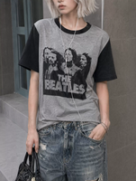 T-shirt vintage à imprimé groupe, manches raglan contrastantes rouge bordeaux, en coton, style rock, unisexe