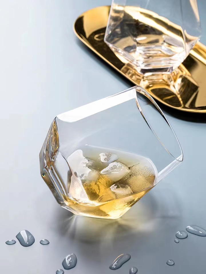 Hexagonal Clear Cup Stock OEM Colored Gold Rim Whiskey Glass Cup