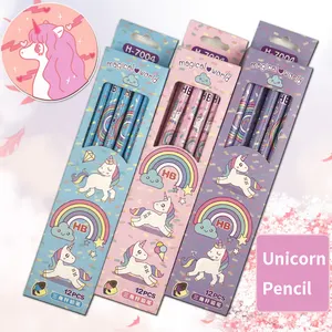 Pensil kayu kartun promosi murah Unicorn logo kustom 12 pak cabang pensil kayu alami