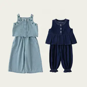 Verão crianças roupas denim suspensor terno 3-10 Anos de moda infantil desgaste conjunto de algodão respirável Meninas Jeans Conjuntos de Roupas