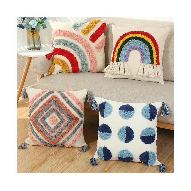 Colorful Boho Tufted Throw Pillow Tufted Embroidered Pillow cover Lovely Fringe Rainbow Sofa Cushion Cover