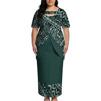 Ensemble 2 pièces Puletasi pour femmes, bleu et noir, imprimé tribal polynésien, haut à manches courtes, jupe longue maxi, tenue formelle insulaire