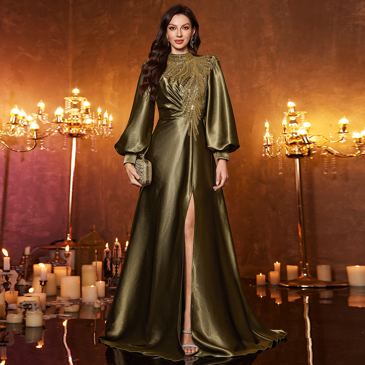green emerald velvet dress Silver Plunging Beaded Tassels Feathers Handmade Prom Dress main image 1