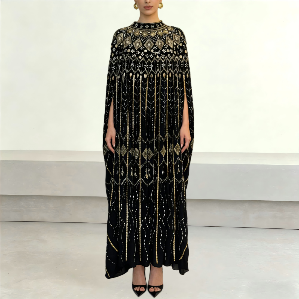 slim fit dress slacks Black Gold Aisha Palestinian Thobe Abaya Tatreez Embroidery Dress XL