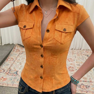 Blusa de Manga Corta Estilo Vintage para Mujer, Nueva Llegada de Verano, Cuello Solapa Simple, Bolsillos, Camisa Informal para Oficina y Trabajo - Product Image 3