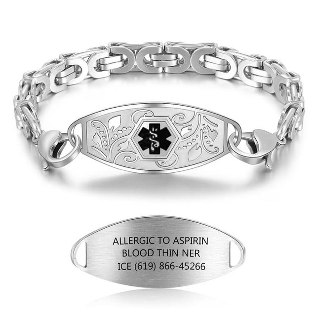 High Polished Stainless Steel Medical Alert Bracelet Information Id,Emergency Contact Ice Engraved Women Men
