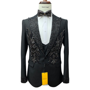 Da uomo 3 pezzi monopetto nero strass con perline a mano in <span class=keywords><strong>pizzo</strong></span> con applicazioni di abiti da sposa pronti - Product Image 4