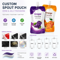 Pochette Doypack avec bec verseur et bouchon à vis 200 ml pour jus de fruits, gelée, purée et smoothie (orange, raisin, noix de coco, mangue)