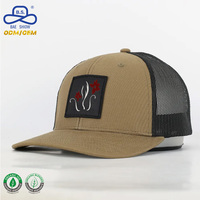 Gorra Trucker Personalizada OEM ODM de 6 Paneles con Parche Floral Bordado, Color Caqui, Estilo Casual Urbano, con Malla Negra en la Parte Trasera, Unisex