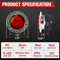 Feu de position latéral rouge de 2 pouces à 9 LED avec anneau halo rond et anneaux en acier inoxydable pour camion, remorque, camping-car, étanche IP67, 12V