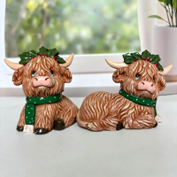 Statues de vaches des Highlands festives en résine, avec écharpe rouge, mignonnes, pour décoration de table de Noël style ferme, cadeau en gros