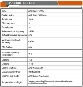 5700ก. ซีพียูแปดคอร์ <span class=keywords><strong>AMD</strong></span> <span class=keywords><strong>Ryzen</strong></span> <span class=keywords><strong>7</strong></span> 5700ก. 3.8GHz <span class=keywords><strong>7</strong></span>นาโนเมตร16เมกะเมตรต่อชั่วโมงสำหรับเดสก์ท็อป - Product Image 6