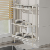 Étagère de rangement multifonctionnelle moderne à double bac à vaisselle en métal à fixation murale pour évier de cuisine, sans perçage