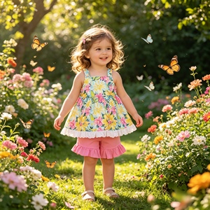 GSSO3034 rts Conjunto sin mangas para niña pequeña con estampado de flores coloridas, venta al por mayor, conjunto básico para niña - Product Image 1