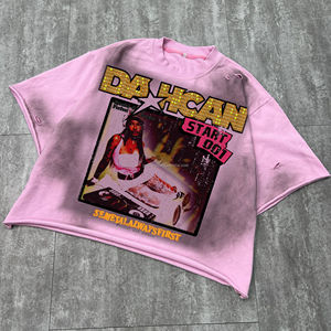 เสื้อยืดผู้ชายสไตล์สตรีทแวร์ทรงโอเวอร์ไซส์ ผ้าฝ้ายถักแบบดิสเทรส ตัดเย็บแบบครอป วินเทจ ผ้าเฟรนช์เทอร์รี่ ล้างสีแบบแอซิดวอช ลายกราฟิกตัวอักษรประดับเพชร - Product Image 5