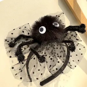 Kustom aksesori rambut bulu laba-laba hitam gaya baru topi anak perempuan topi Cosplay pesta liburan Aksesori ikat kepala