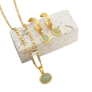 18k सोने के विंटेज ventrine क्वार्ट्ज महिलाओं की लक्जरी स्टेनलेस स्टील गहने एराल्ड ग्रीन चेन पेलेंट हार और ईयररिंग्स सेट - Product Image 1