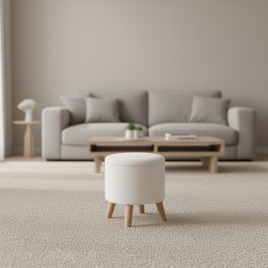 Taburete Otomano Redondo con Tapicería de Tela, Patas de Madera, Diseño Escandinavo Moderno, Muebles para Sala de Estar, Uso Doméstico - Product Image 2