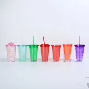 Custom Logo 400ml Double Wall Water Bottles Party Cute Plastic Cup With Straw
