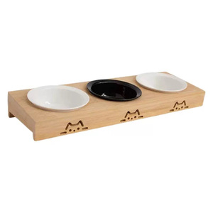 Soporte de bambú para tazón de gato con tazones de cerámica, diseño antideslizante para gatos, plato para agua, juego doble, estación de alimentación para mascotas en el hogar - Product Image 2