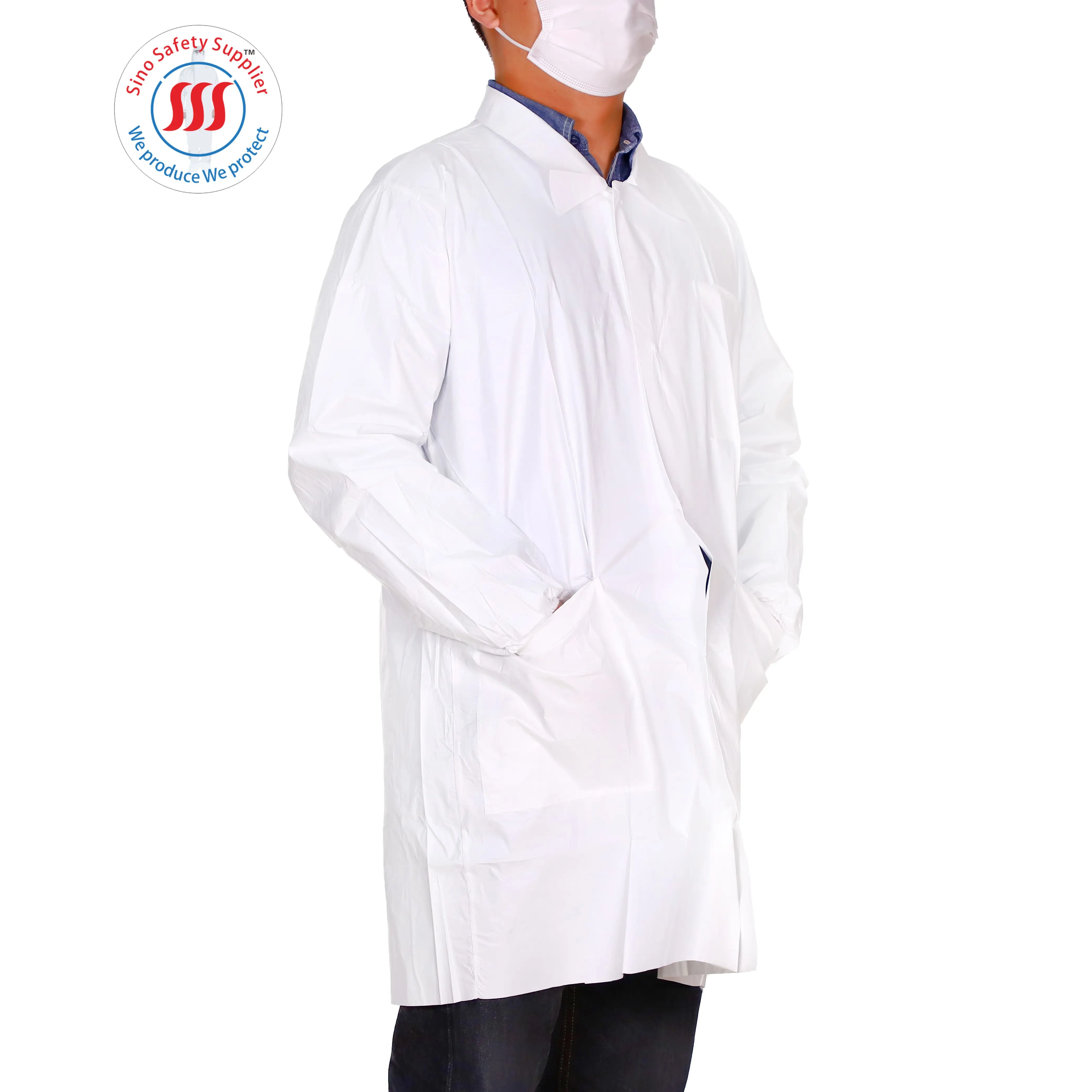 Tela protectora desechable impermeable, película transpirable, barato médico no tejido, bata de laboratorio desechable