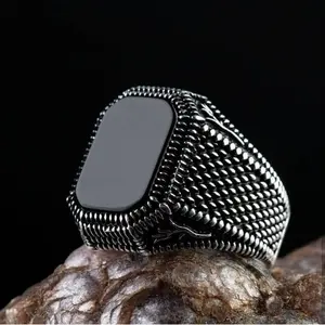 Cincin Bulan Ottoman Vintage Pria, Cincin Bertatahkan Batu Onyx Hitam