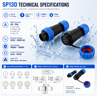 Konektor Penerbangan Tahan Air SP13D IP68 dengan 1 2 3 4 5 6 7 9 Pin Kontak Solder 25A 250V Soket Kabel CE RoHS LED Robot