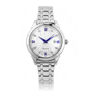 Full Pure Silver Elegante Luxus Quarz Armbanduhr Damen