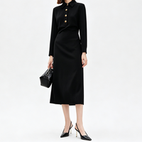 Robe midi élégante noire pour femme, col à revers, manches longues, boutons dorés vintage, coupe ajustée, idéale pour le bureau, personnalisable OEM