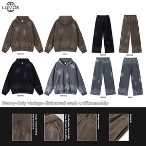 Ensembles <span class=keywords><strong>Homme</strong></span> et Femme Rétro Peints à la Main Effet Vieilli Délavé, Sweat à Capuche et Pantalon Oversize Durables, Logo Personnalisé - Product Image 1