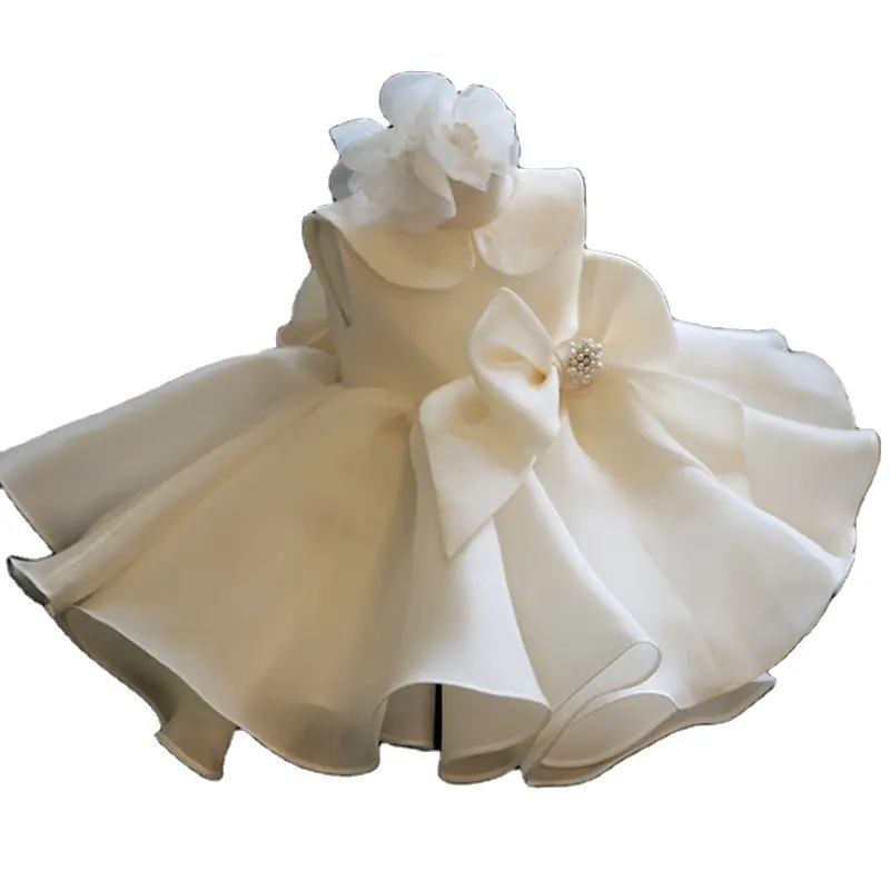 1 year flowergirl dress Pearl mandarin collar Ruffles Boutique wedding dress for kids white flower girl dress