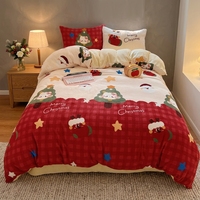 Parure de lit en flanelle épaisse à motif de Noël, ensemble de draps en polaire chaude 4 pièces, housses de couette douillettes pour l'hiver et l'automne