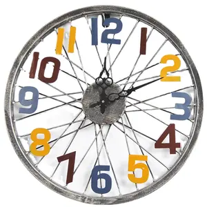 40仿古金属设计装饰自行车车轮形挂钟创意家居装饰客厅家用静音艺术手表