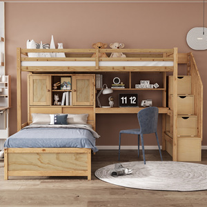 Multifunctional Bunk Bed With <b>Desk</b> And Storage Staircase Natural <b>Wood</b> <b>Solid</b> <b>Wood</b> Frame For Children Bedroom - Product Image 5