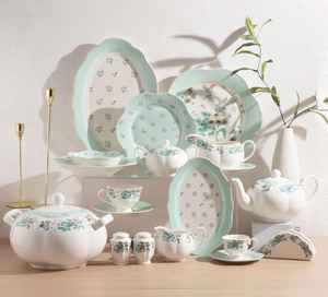 Wholesale Custom Floral Ceramic Dinnerware Set, Mint Green Porcelain Tea & Dinner Set, Free Logo & Pattern Design Available - Product Image 1