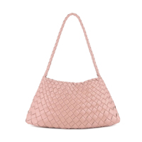 Tas Tote Wanita Kulit Asli Anyaman, Bukaan Terbuka, Portabel, Tas Tangan Fashion Kecil, Lapisan Poliester, Kapasitas 1-1.9L