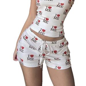 अमेरिकी गर्म लड़की व्यक्तित्व लोमेम मुद्रित ऑफ-गर्दन ट्यूब शीर्ष बनियान + लोचदार कमर फीता-अप शॉर्ट्स आकस्मिक सूट - Product Image 5