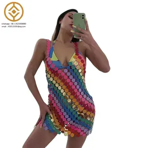 Handgemaakte Regenboog Mini Jurk Voor Strand Nachtclub Sexy Pailletten Patchwork Feest Mini Rok Vrouwen