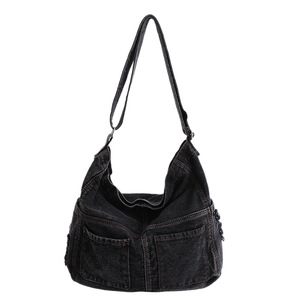 ウォッシュドカラーブロックデニムショルダーバッグ 大容量 スラウチバッグ ショッピングや旅行に - Product Image 5