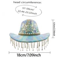 Chapeau de cowboy bohème en gros, bleu irisé, imprimé serpent, franges en strass, pour festivals, fêtes personnalisées, pour femmes