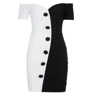 Women Mini Dress Black And White Patchwork Boat-neck Short Sleeves Button Design Bodycon Dress Summer Casual Dresses