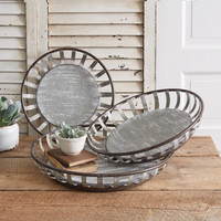 Ensemble de trois paniers en fil métallique vintage en forme de cercle en détresse Plateau de service écologique pour la décoration intérieure